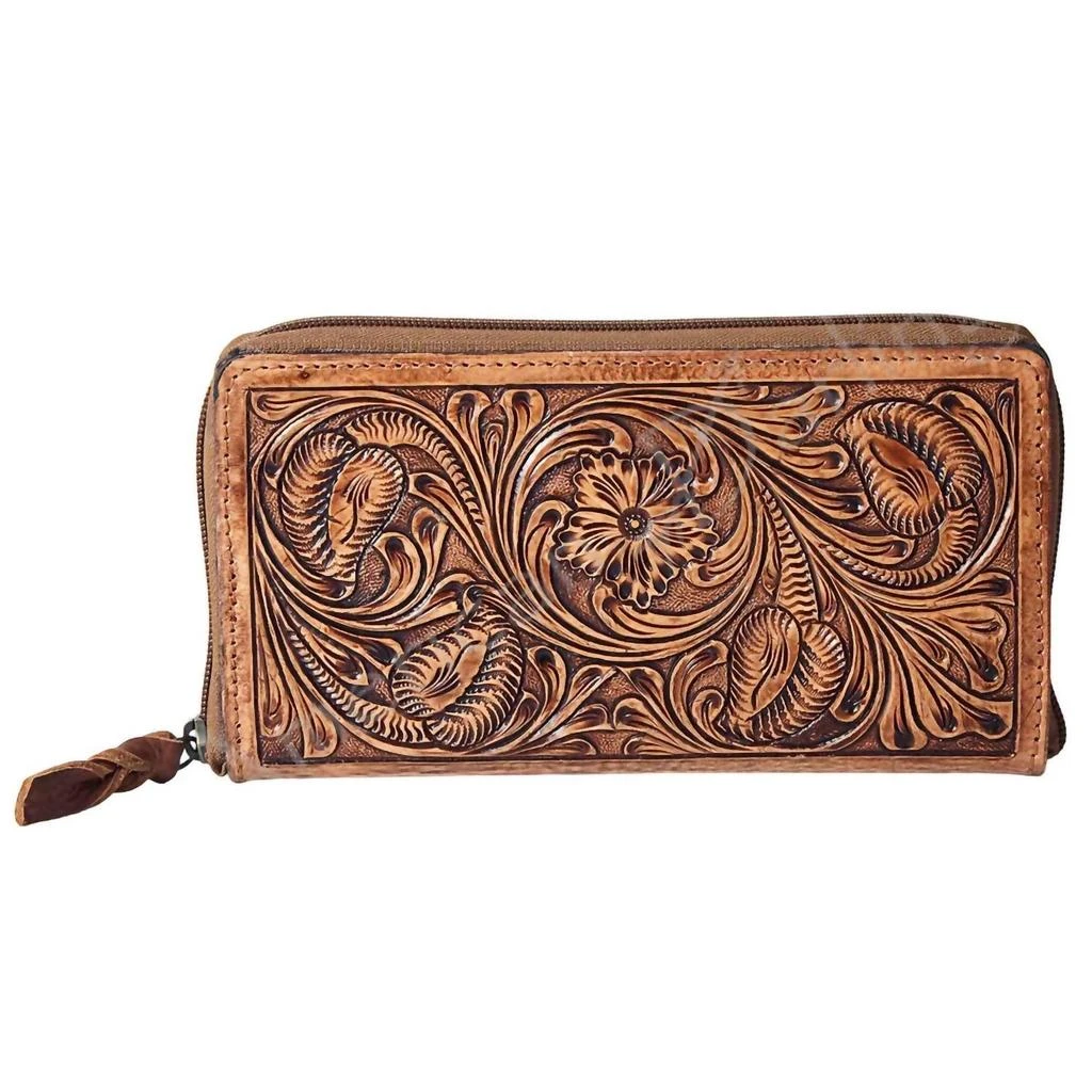 American Darling Women's Ranchin' Dream Tooled Leather Zip Wallet In Brown 1