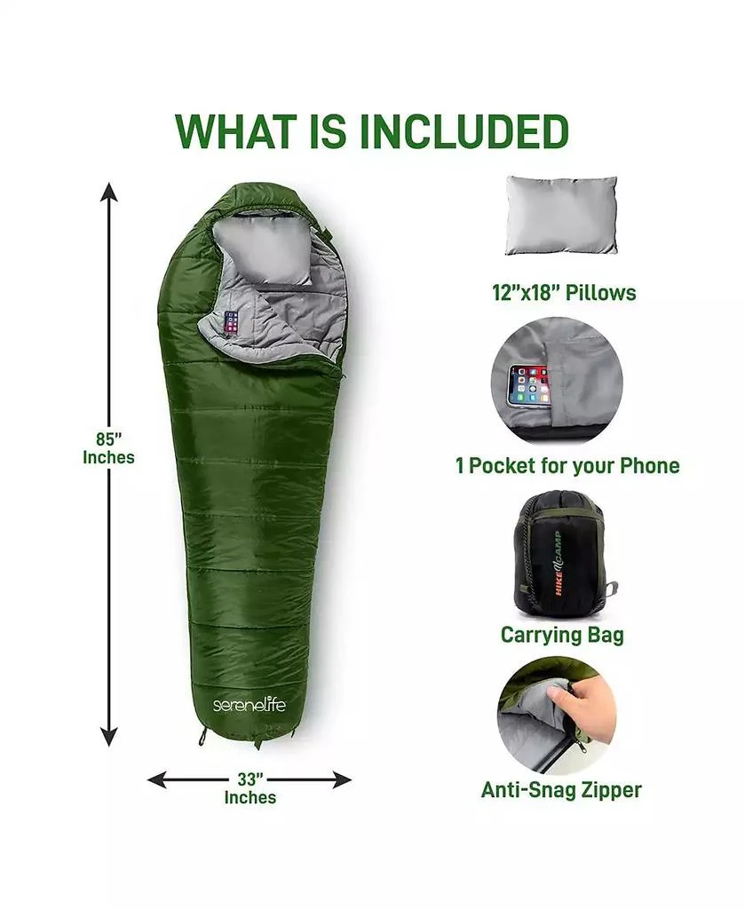 SereneLife Mummy Sleeping Bag With Travel Pillow and Compression Sack (Green) 5
