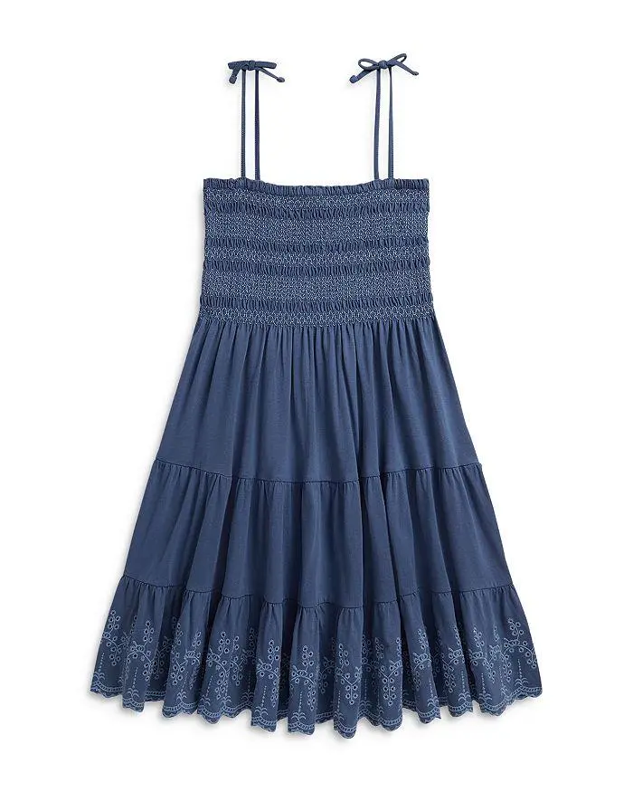 Ralph Lauren Girls' Smocked Eyelet Cotton Jersey Dress - Little Kid, Big Kid