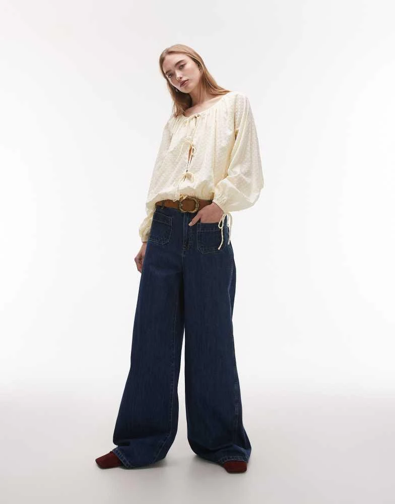 Topshop Topshop dobby ruched neck tie front top in buttermilk 3