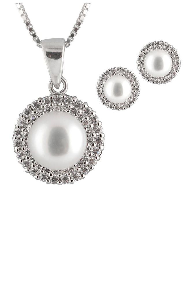 SPLENDID PEARLS 8-8.5mm Grey Freshwater Pearl & CZ Double Halo Pendant Necklace & Stud Earrings Set