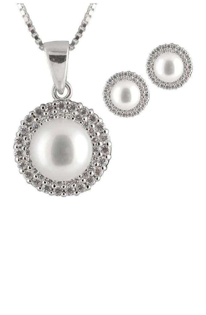 SPLENDID PEARLS 8-8.5mm Grey Freshwater Pearl & CZ Double Halo Pendant Necklace & Stud Earrings Set 1