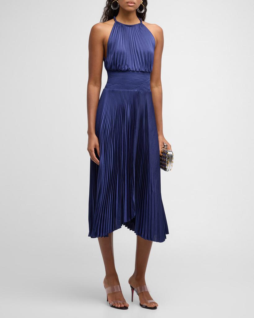 A.L.C. Renzo II Satin Pleated High-Neck Midi Dress