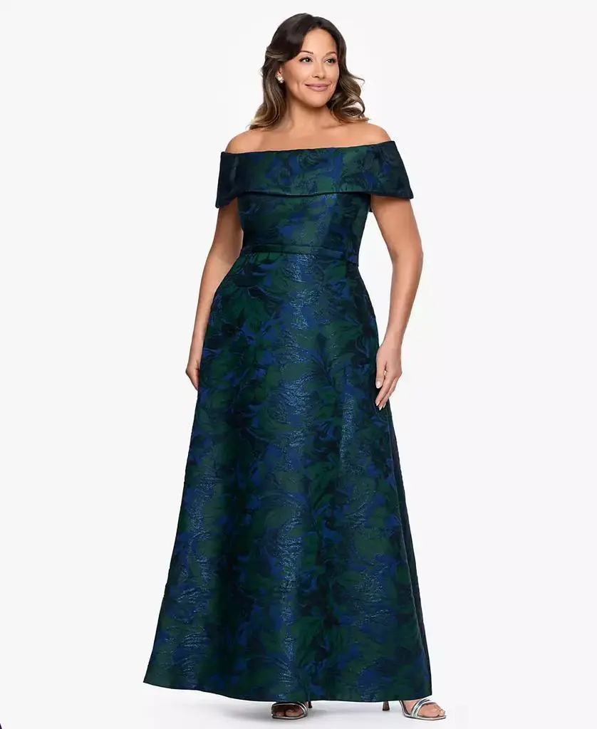 XSCAPE Plus Size Off-The-Shoulder Jacquard Ball Gown