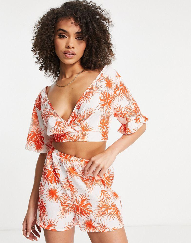 Parisian Parisian flutter sleeve crop top co-ord in orange tropical floral