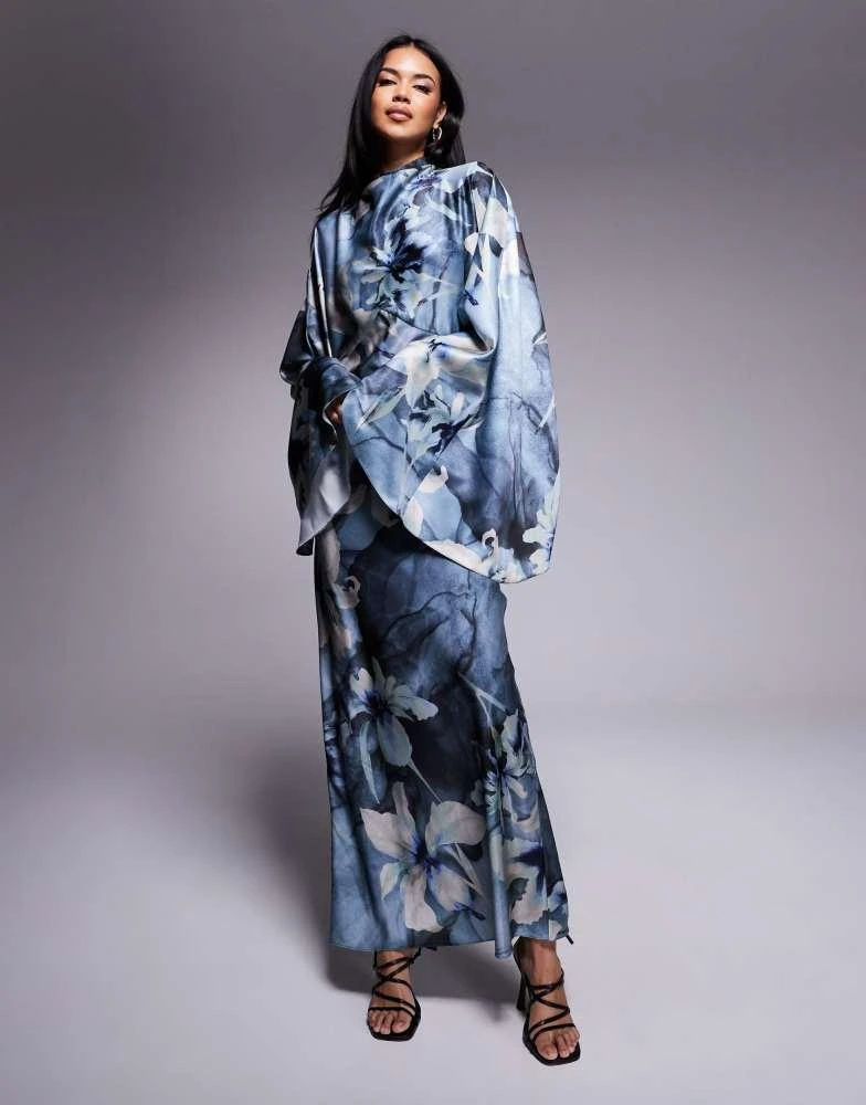 ASOS ASOS DESIGN funnel neck satin maxi dress with exaggerated sleeves in blue floral print 1