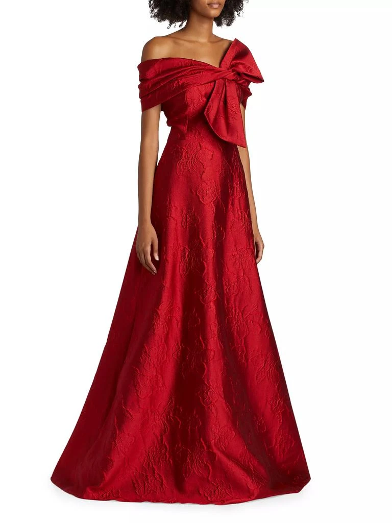 Teri Jon Floral Jacquard Bow-Shoulder Gown 4