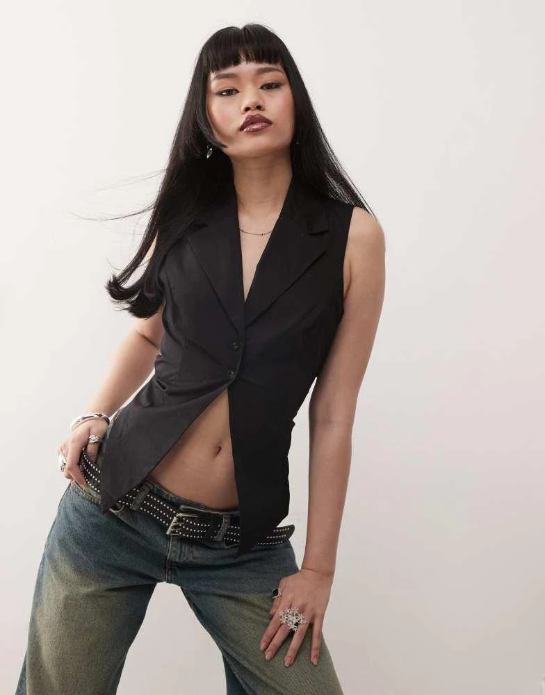 Princess Polly Princess Polly tailored open tie back waistcoat in black