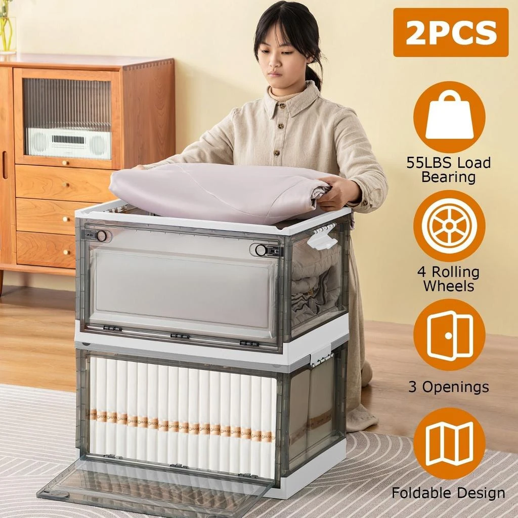 ERUULE 2 Packs Foldable Storage Bins Collapsible Storage Box Organizer Stackable Toy Container with Double Doors Top Lid Rolling Wheels for Clothes Toys Books 56L