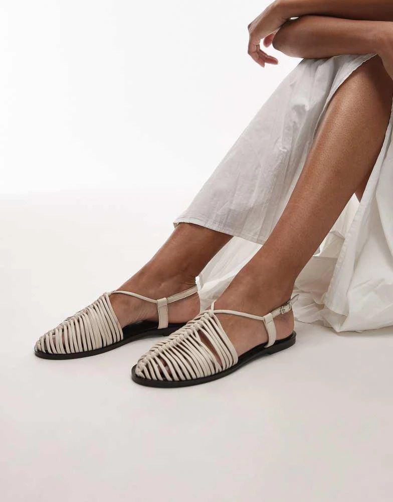 Topshop Topshop Aidan leather weave tie up flat shoe in off white 2