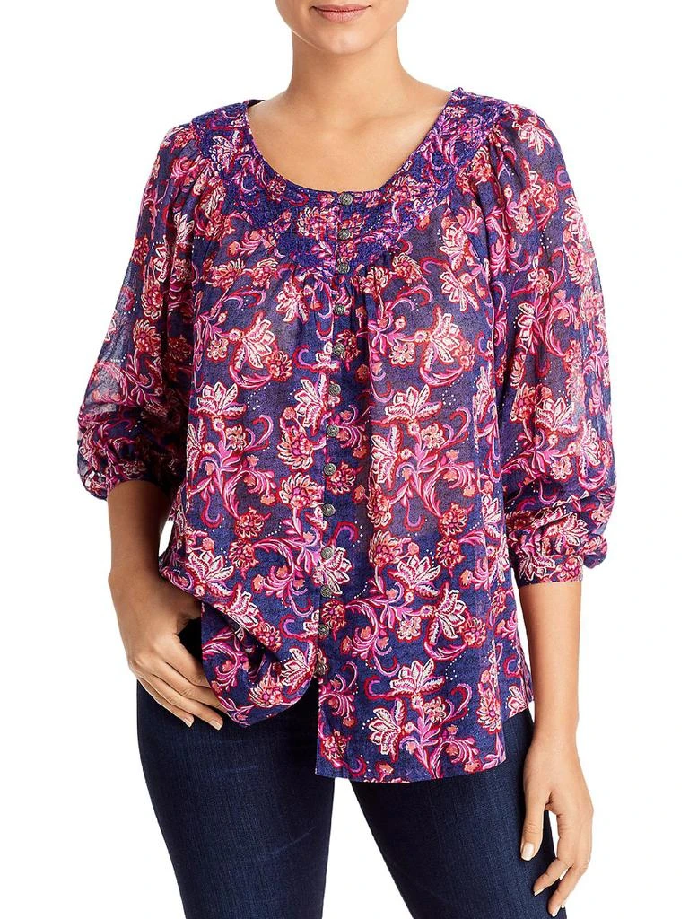 Beach Lunch Lounge Penelope Womens Animal Print Embroidered Button-Down Top 4