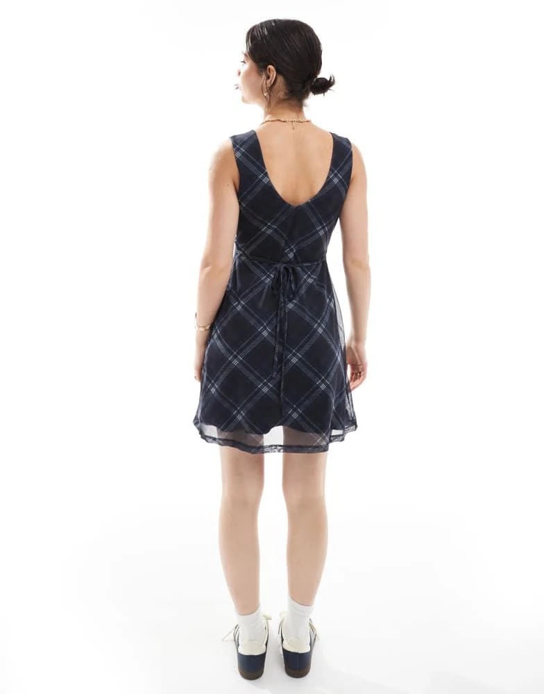 New Look New Look check v neck mesh mini dress in blue 4