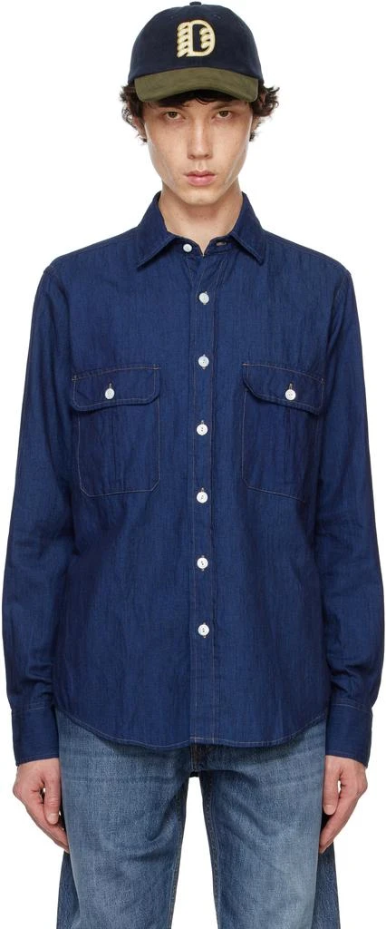 Drake's Blue Cotton Linen Two-Pocket Work Denim Shirt 1