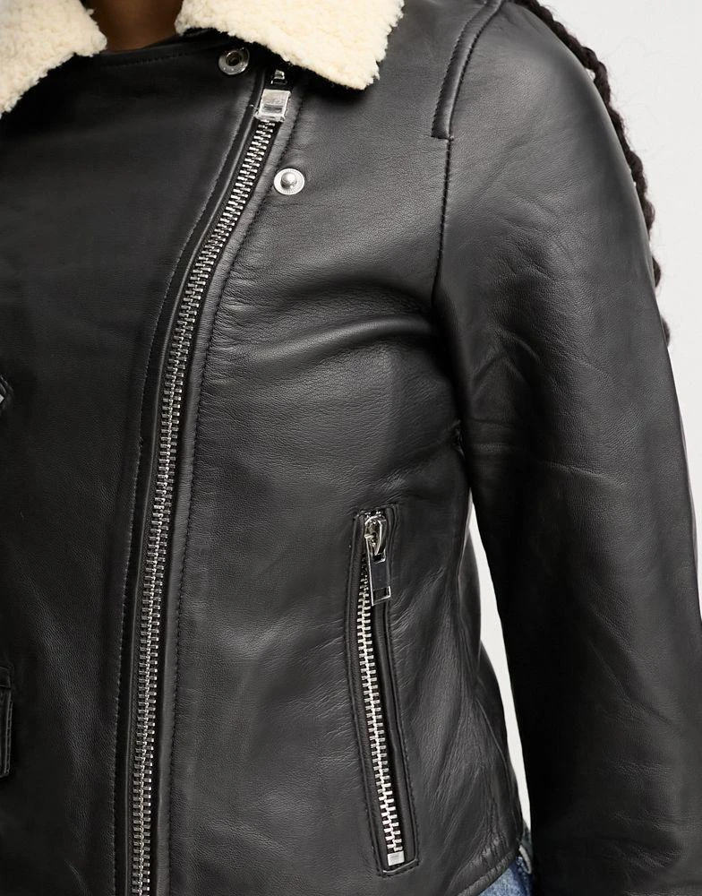 Bolongaro Trevor Bolongaro Trevor shearling collar classic leather biker jacket in black 3