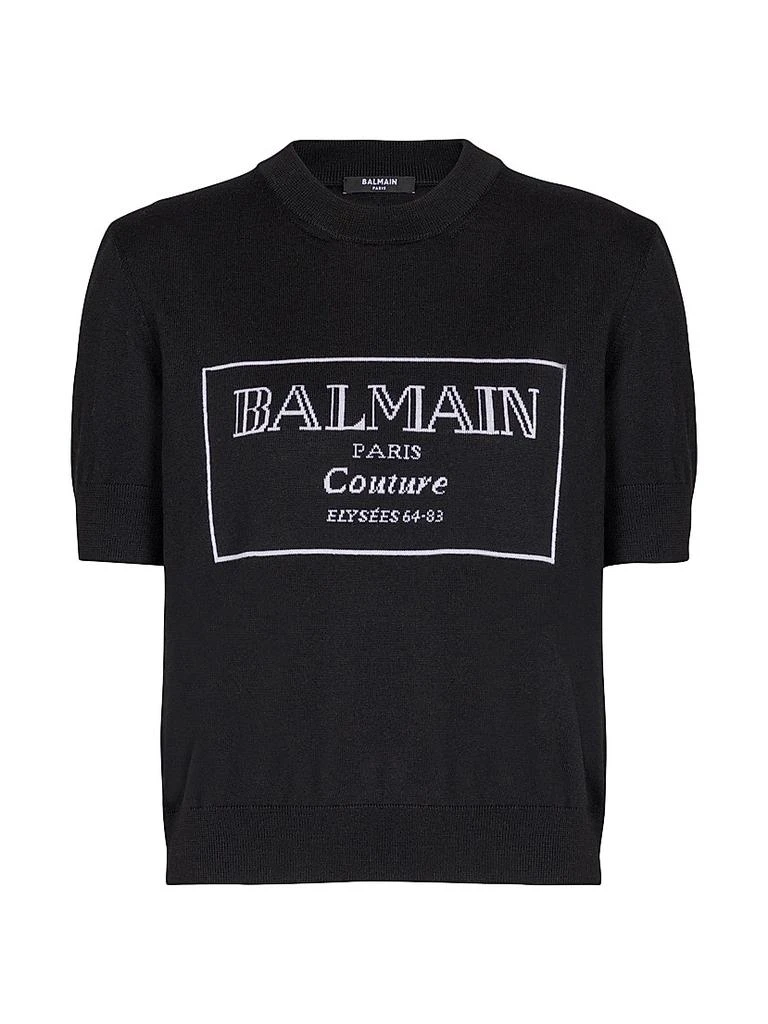 Balmain Logo Merino Wool Short-Sleeve Bi-Color Knit Top 1