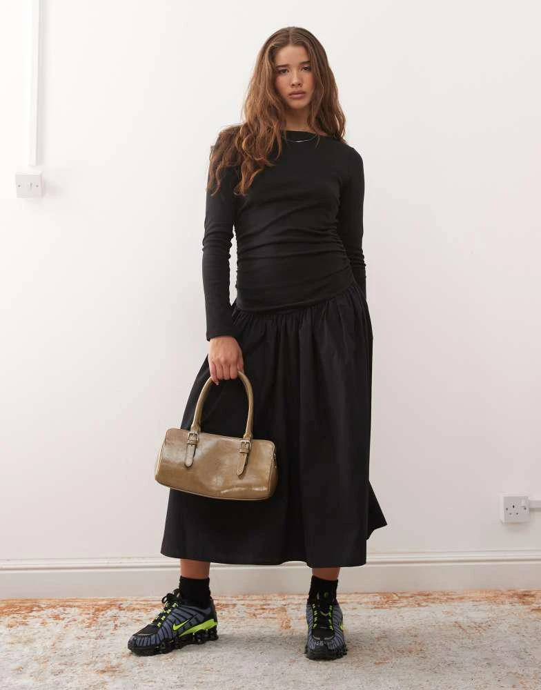 Reclaimed Vintage Reclaimed Vintage long sleeve midi dress with contrast  skirt and ruching detail in black - Dresses & Skirts - BeyondStyle