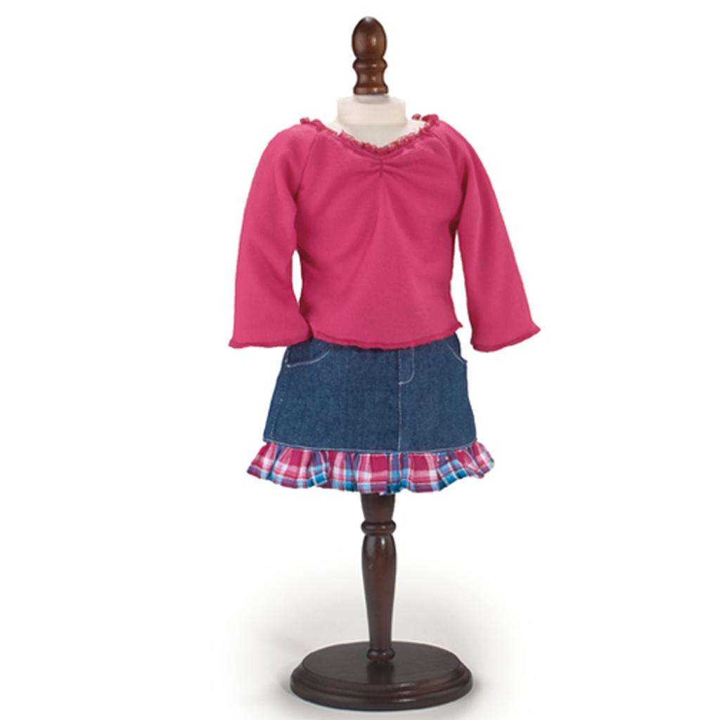 Teamson Sophia’s Long-Sleeved Cinched Tee & Denim Skirt for 18” Dolls, Hot Pink/Blue