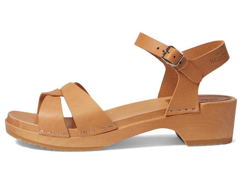 Swedish Hasbeens Shoes Womens on sale 37 Peep Toe High Sandal Wood Leather Orange Buckle