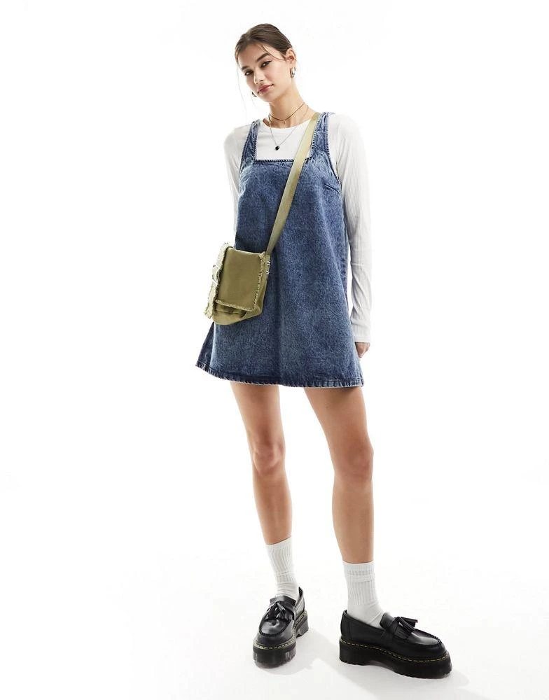 Monki Monki mini denim dungaree dress in soft acid blue wash 3