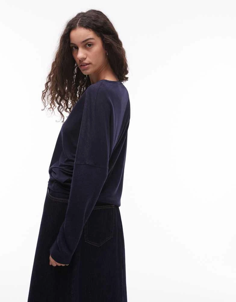 ARKET ARKET linen blend relaxed top with seamed long sleeves in navy blue 3