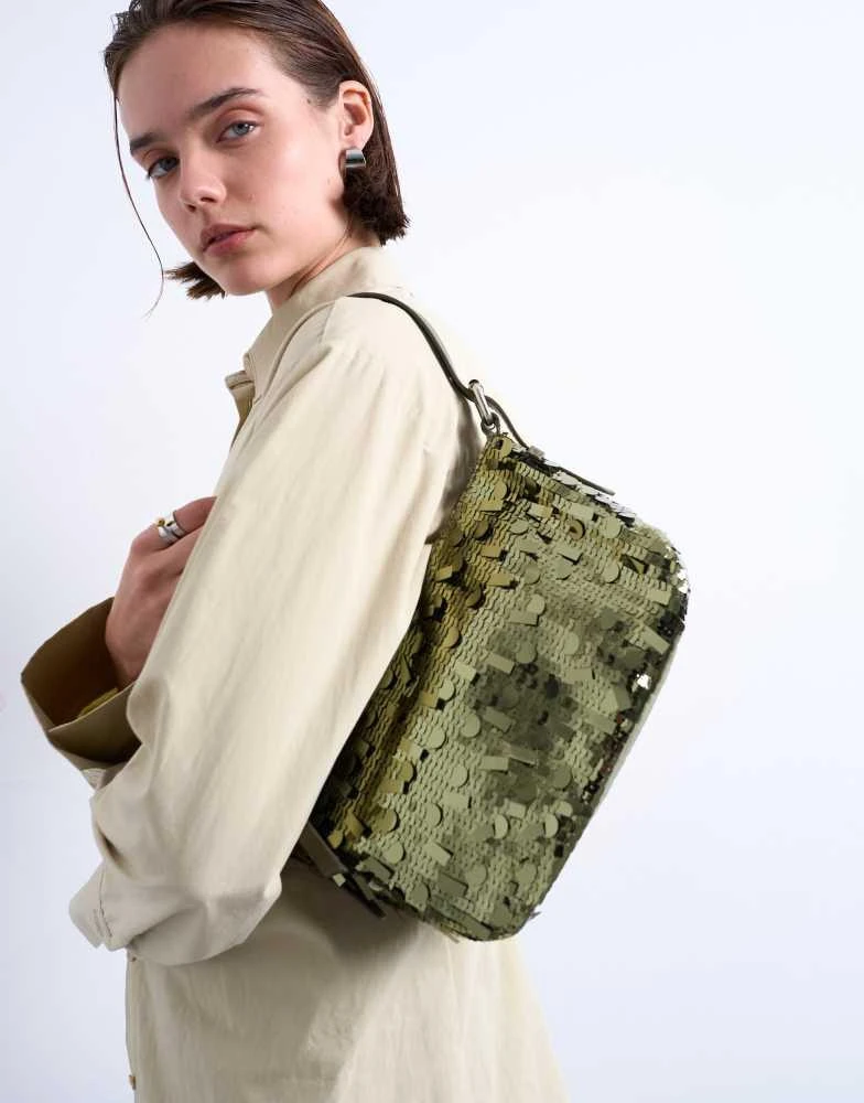 Topshop Topshop Sol shoulder sequin bag with leather handle in khaki 2