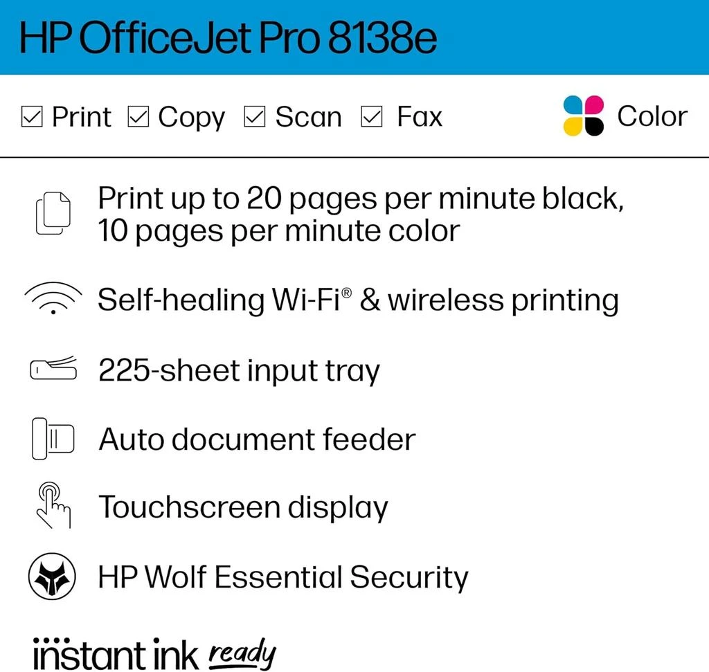 HP OfficeJet Pro 8138e Wireless All-in-One Color Inkjet Printer Scan Copy Fax 6