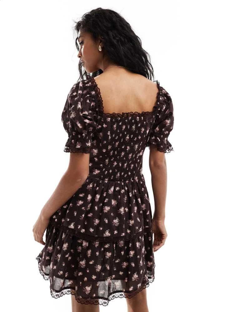 Miss Selfridge Miss Selfridge mini tiered corset dress in brown ditsy 4