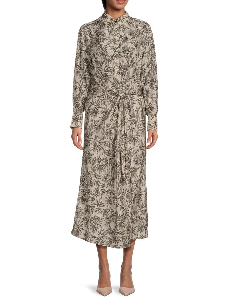 Brunello Cucinelli Leaf Print Twisted Silk Midi-Dress 1