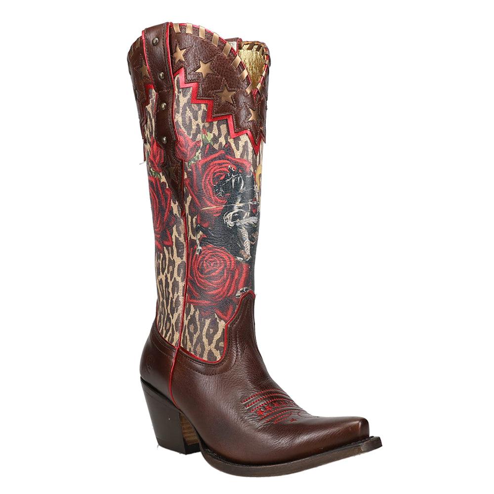 Ariat Rodeo Quincy Tooled-Inlay Graphic Leopard Floral Snip Toe Cowboy Boots