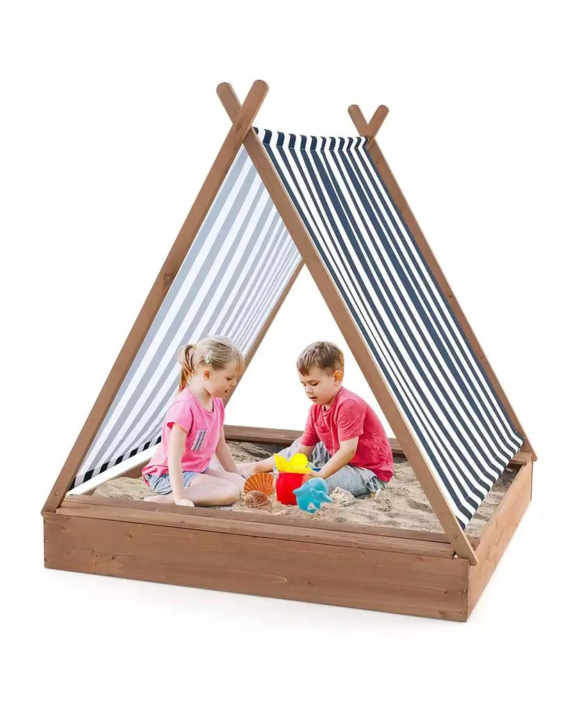 Costway Wooden Sandbox with Canopy Tent Design Fir Wood Frame 2 Bench Seats Bottom 10