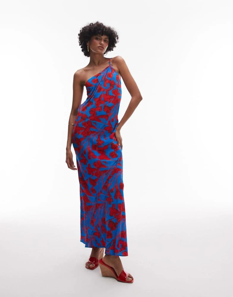 Topshop asymmetric one shoulder open back midi occasion dress in bold red  and blue floral  On Sale Now with Up to 11% Off | Discover Exclusive Deals  & Savings at BeyondStyle