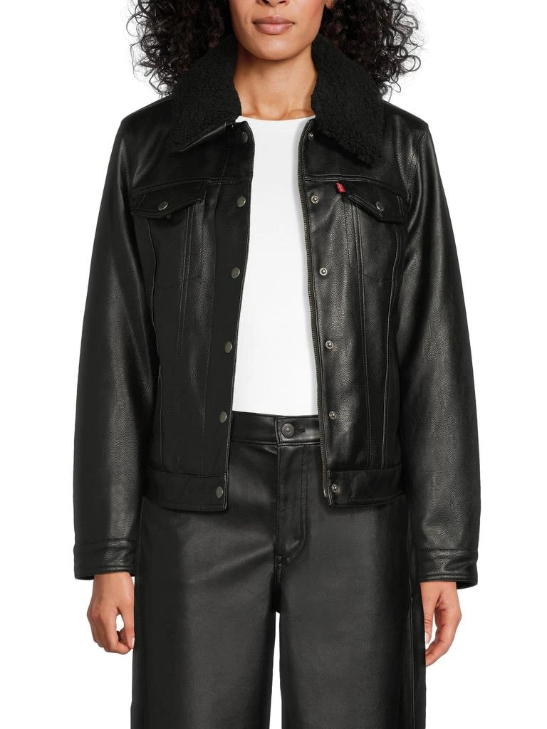 Levi
s Faux Leather 
Faux Shearling Trimmed Collar Trucker Jacket