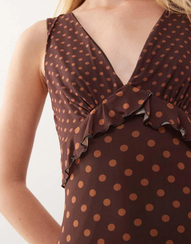 Reclaimed Vintage Reclaimed Vintage floaty midi dress with frill detail in mixed brown and pink polka dot print 2
