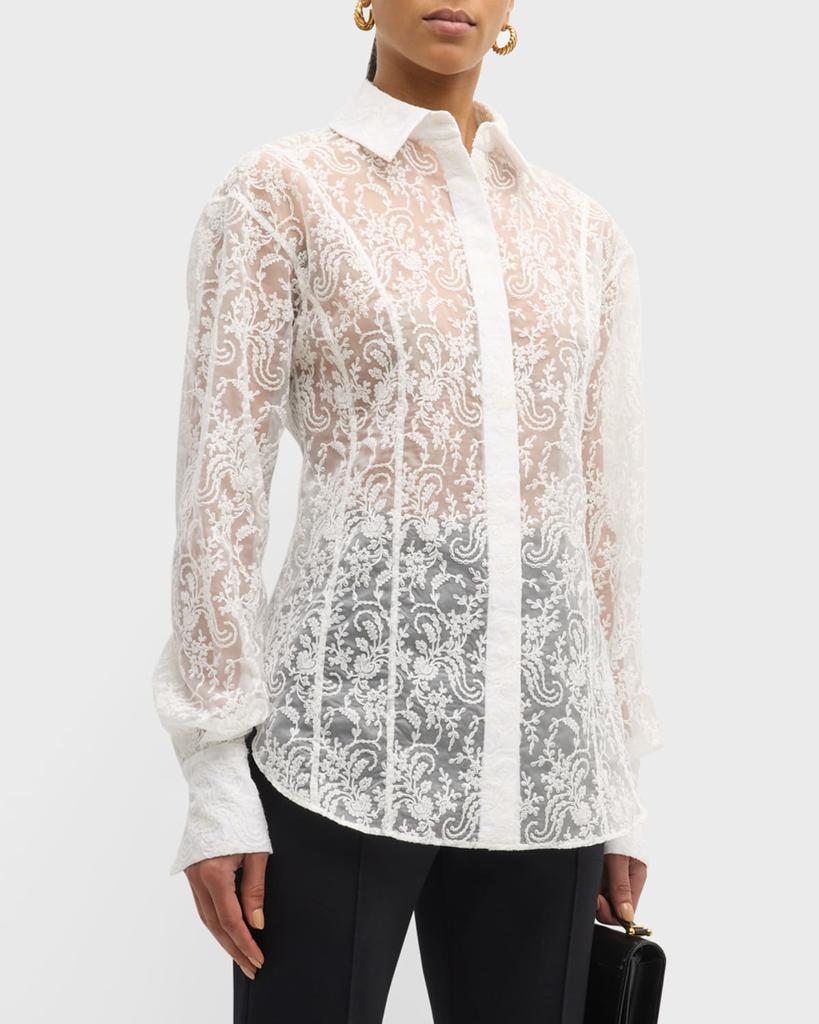 ADEAM Margot Floral Sheer Button Down Shirt