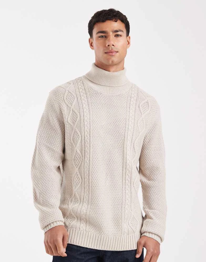 JJ Rebel JJ Rebel cable roll neck jumper in beige