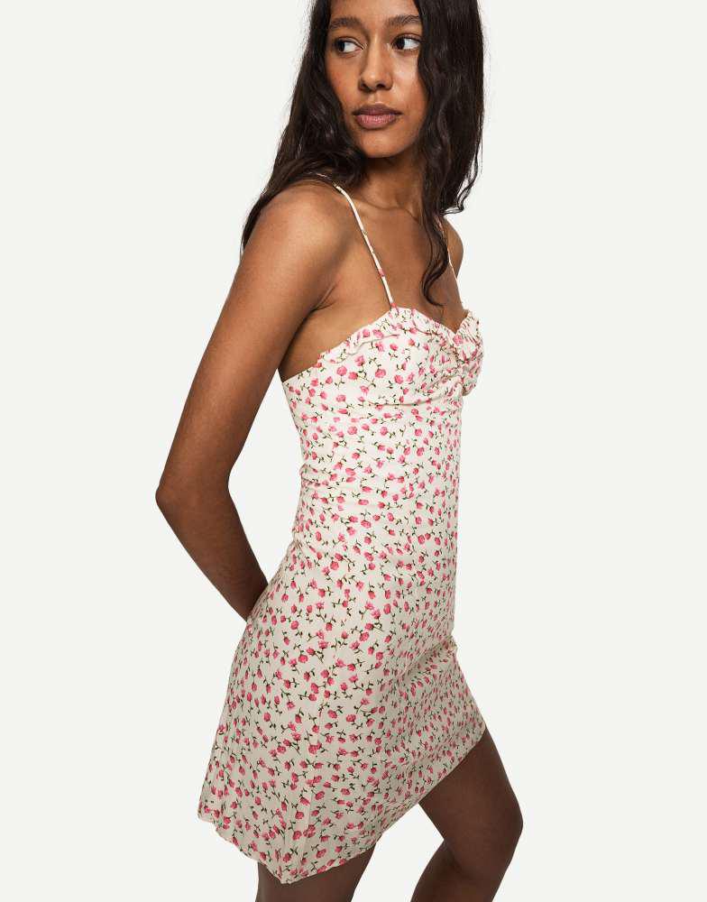 Bershka Bershka printed strappy mini dress in white