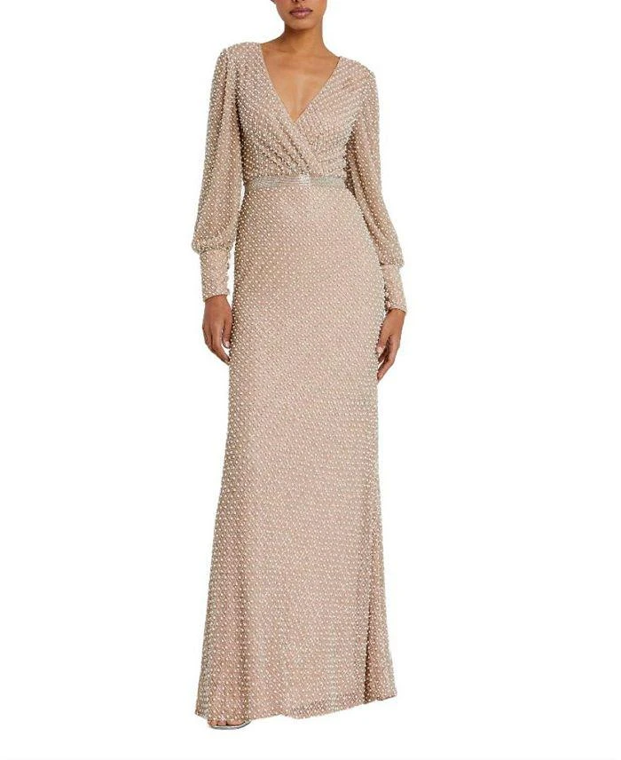 Mac Duggal Wrap Over Bishop Sleeve Pearl Beaded Gown 1