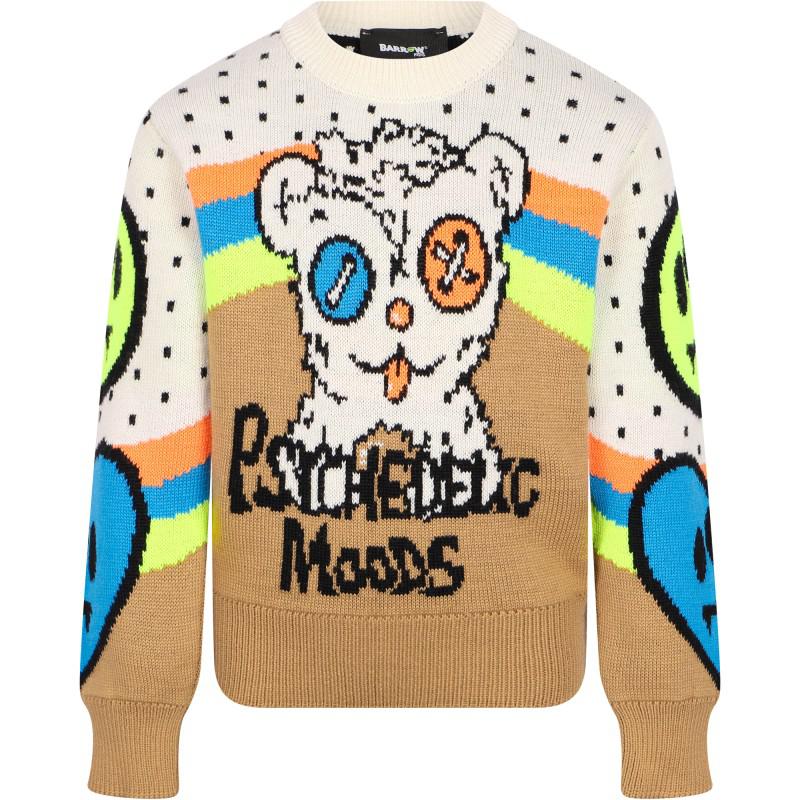 Barrow Psychedelic moods logo sweater and colorful logo embroidery denim bermudas set in white beige and bue