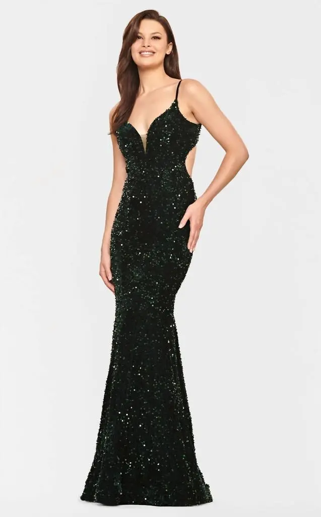 Faviana Faviana - V-neck Cutout Sequin Evening Gown