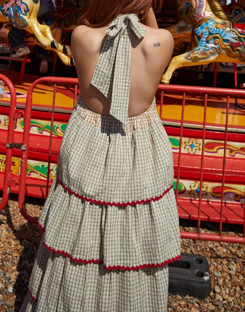Labelrail Labelrail x Laura Elizabeth Klein gingham ruffle tiered maxi halter dress in multi 3
