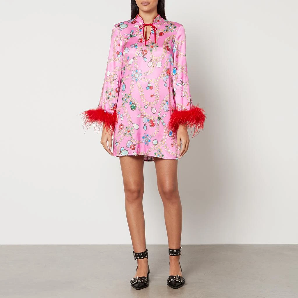 Kitri Carlotta Printed Feather-Trimmed Satin Mini Dress 3