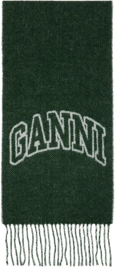 Ganni Green Fringed Wool Scarf 1