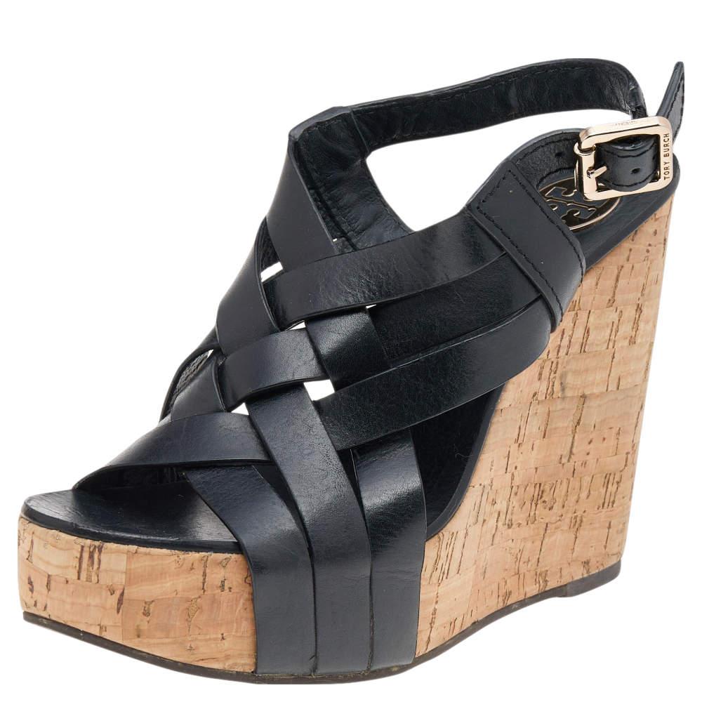 Tory Burch Tory Burch Black Leather Cork Wedge Strappy Platform Sandals Size 38