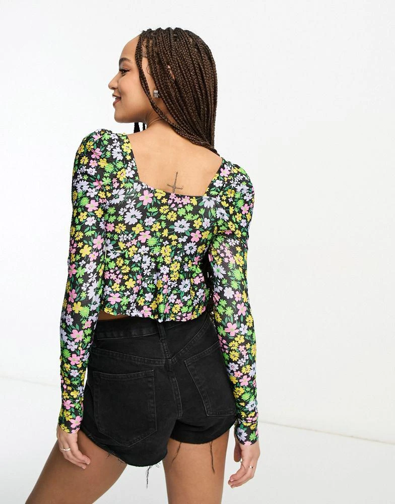 Miss Selfridge Miss Selfridge long puff sleeve floral shirred top in black 4