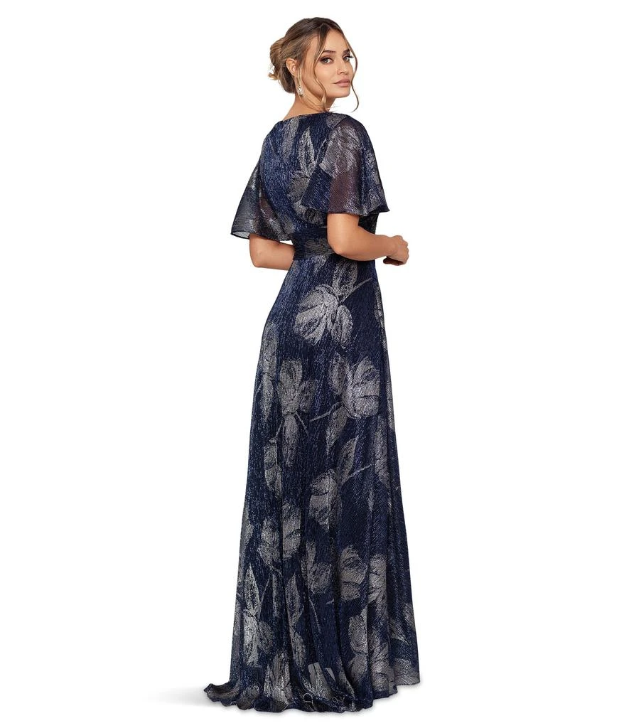 Betsy & Adam Long Flutter Sleeve Foil Print Gown 2