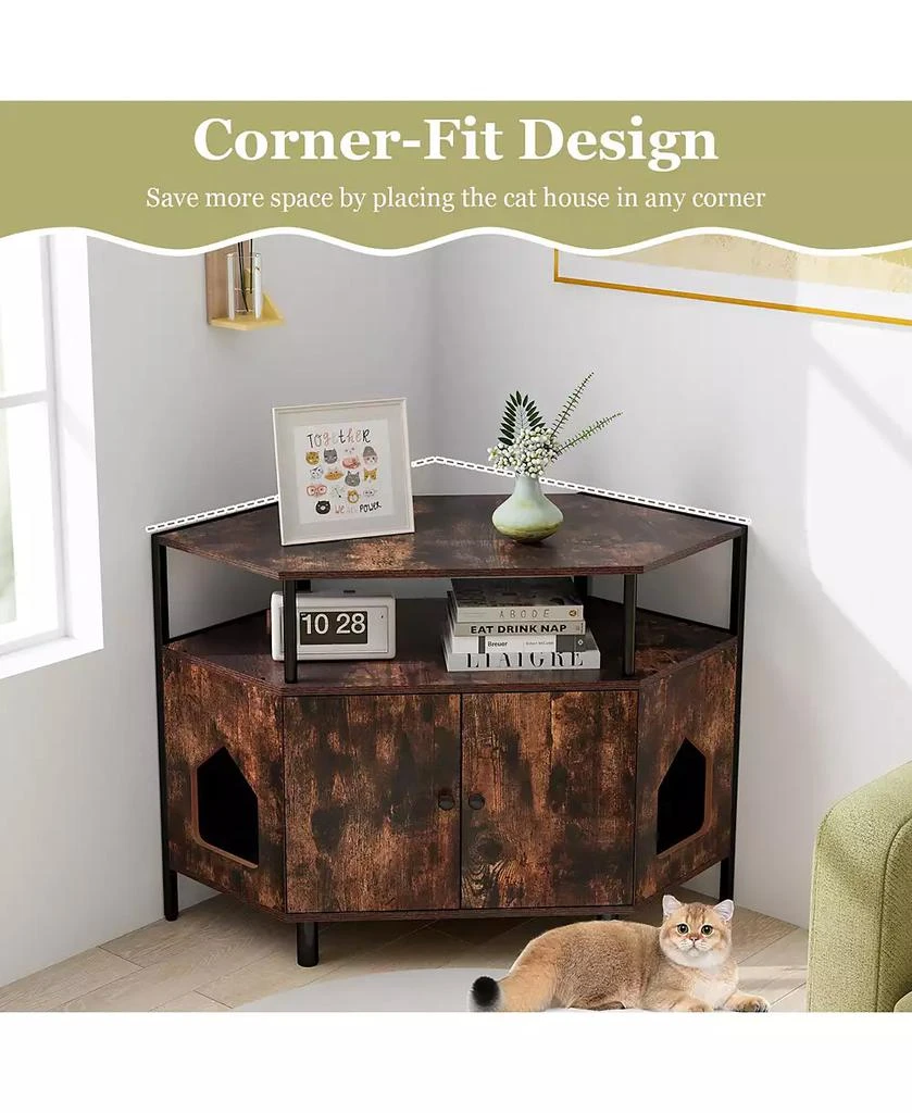 Gymax Corner Cat Litter Box Enclosure End Table w/ Open Shelf 2 Entries Double Doors 5