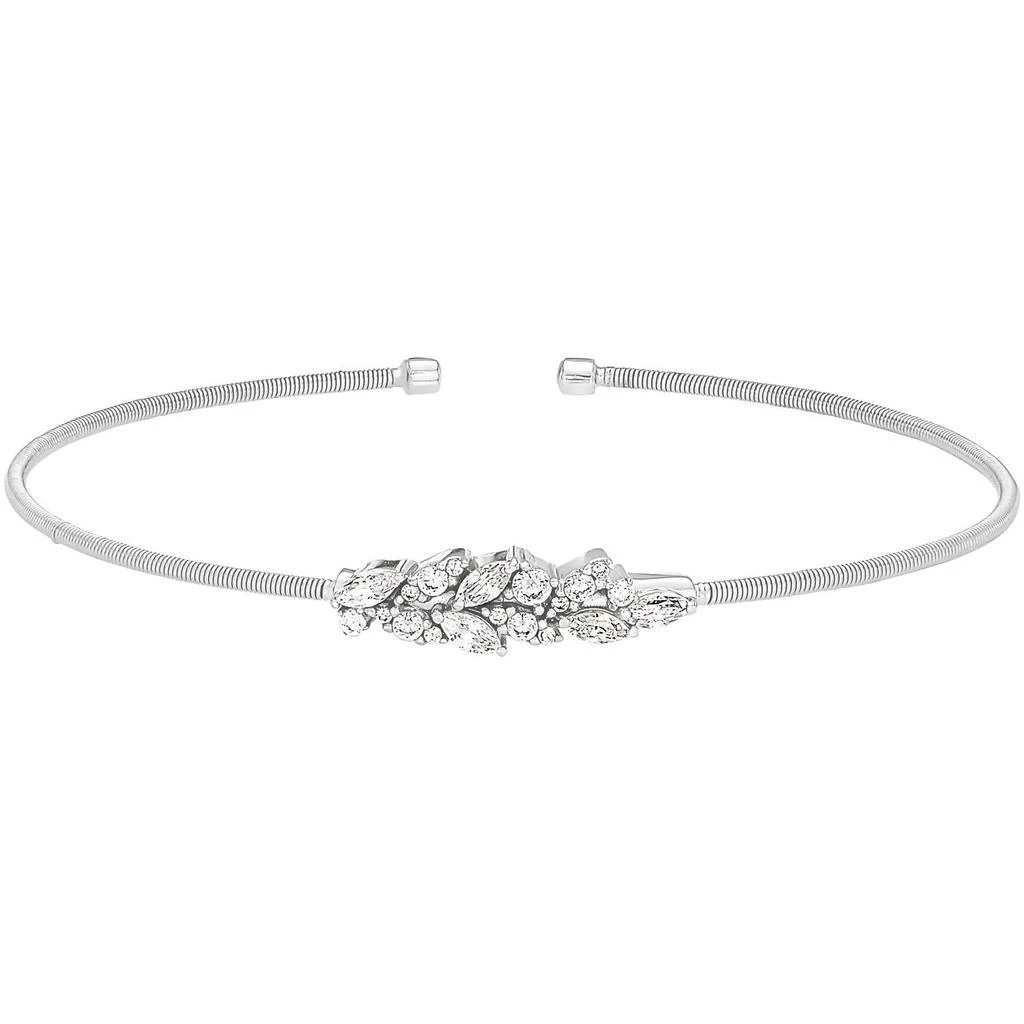 Bella Cavo Bella Cavo - Rhodium Cable Cuff Bracelet with Simulated Diamond Leaf Pattern