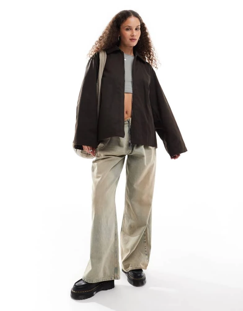 Weekday Weekday wax coated barn jacket in dark brown with contrast cord collar 1