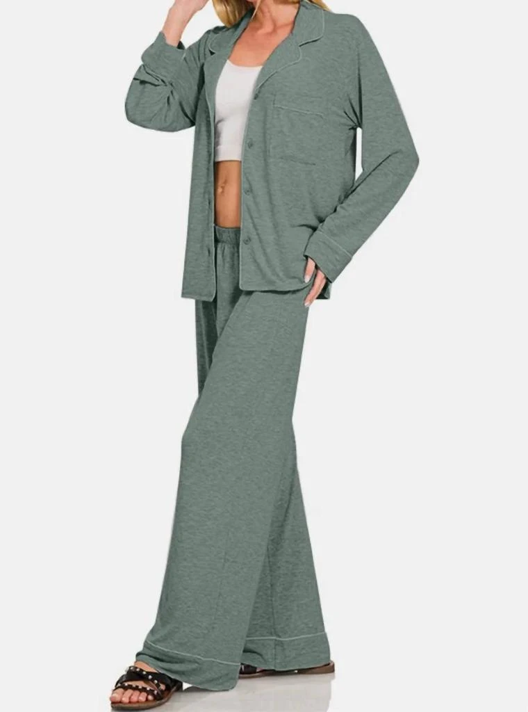 ZENANA Button Down Long Sleeve Top And Pants Lounge Set In Sage 2