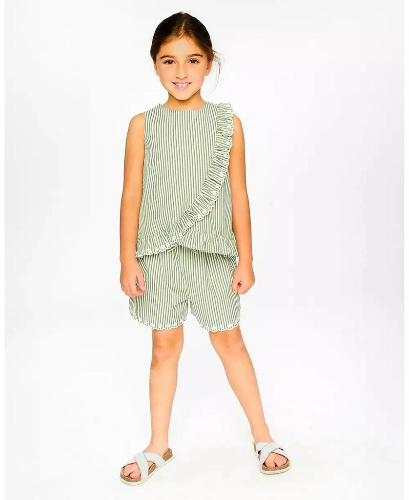 Deux par Deux Big Girls Shorts Green and Off White Stripes with Embroidery 2